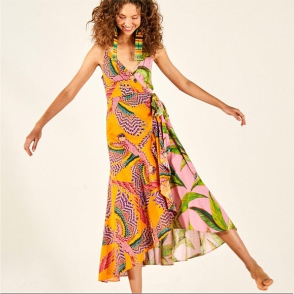 Farm Rio MIXED PRINTS MIDI WRAP DRESSSz MEDIUM BEADED MACAWS PINK FOLIAGE